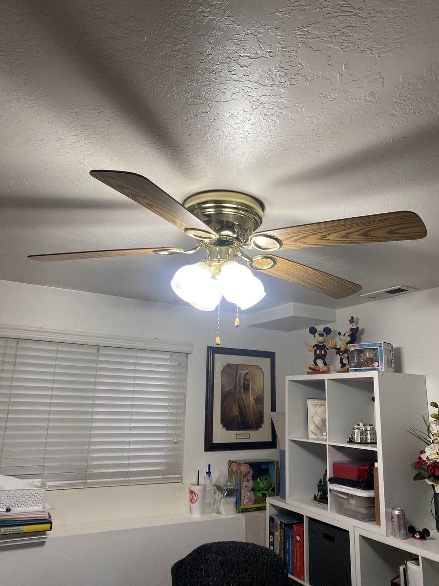 Brass Ceiling Fans with Wood-Grain Blades & 3-Light Fixtures