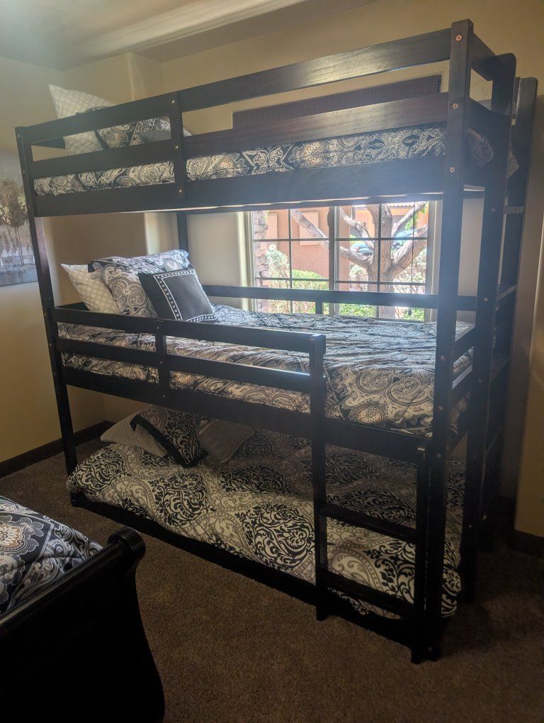Triple Twin Bunk Bed with Ladders - Dark Wood Finish, Space-Saving Design