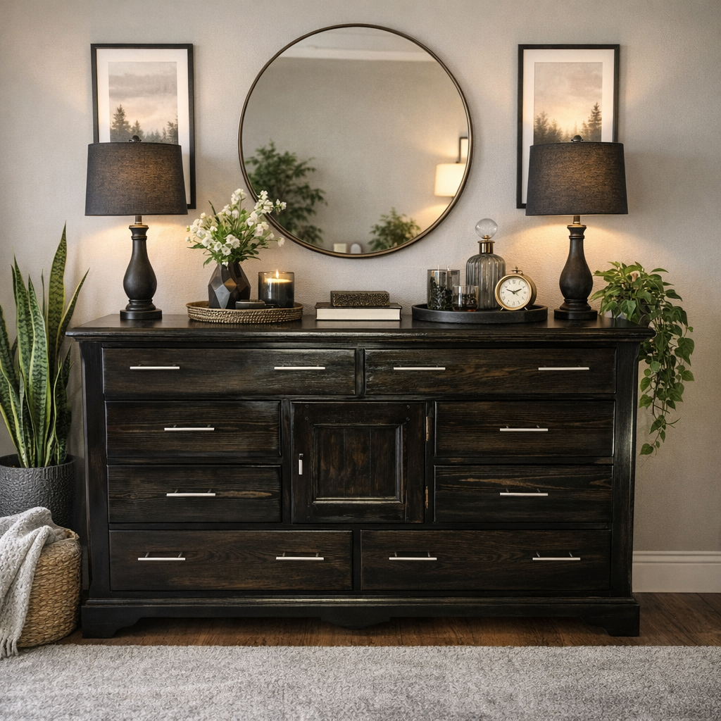Black Solid Wood Dresser – 8 Drawer Storage + Cabinet