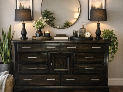 Black Solid Wood Dresser – 8 Drawer Storage + Cabinet