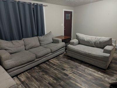 Cozy Light Gray Fabric Sofa Couch - 3-Seater, and matching love seat Modern Style, Excellent Condition