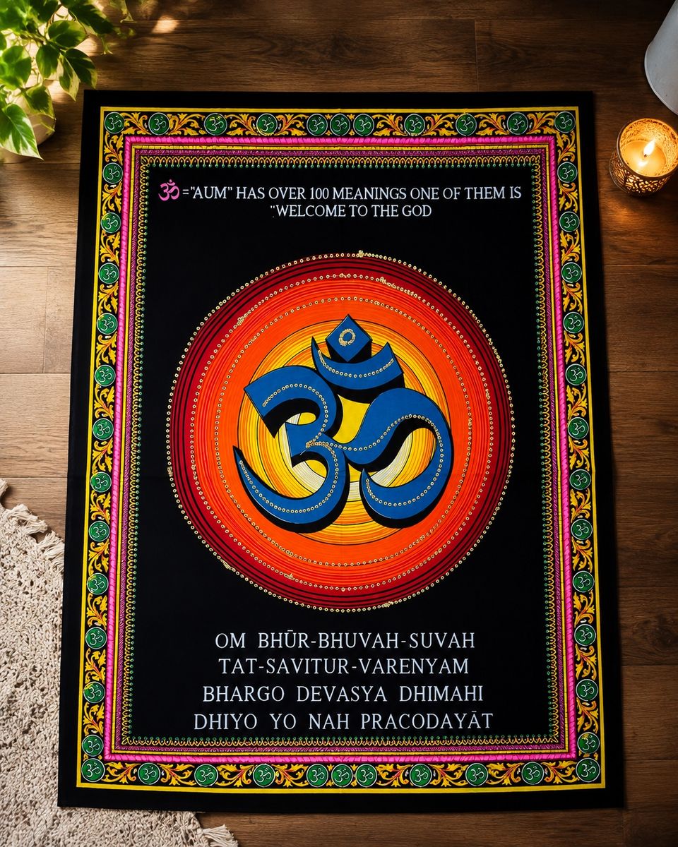 AUM Om Symbol Tapestry with Gayatri Mantra and Decorative Border