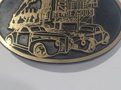 Jackson Hole Vintage Dynamic Buckle Mfg. Solid Brass Hot Rod Rendezvous Car Show Belt Buckle. year 1999