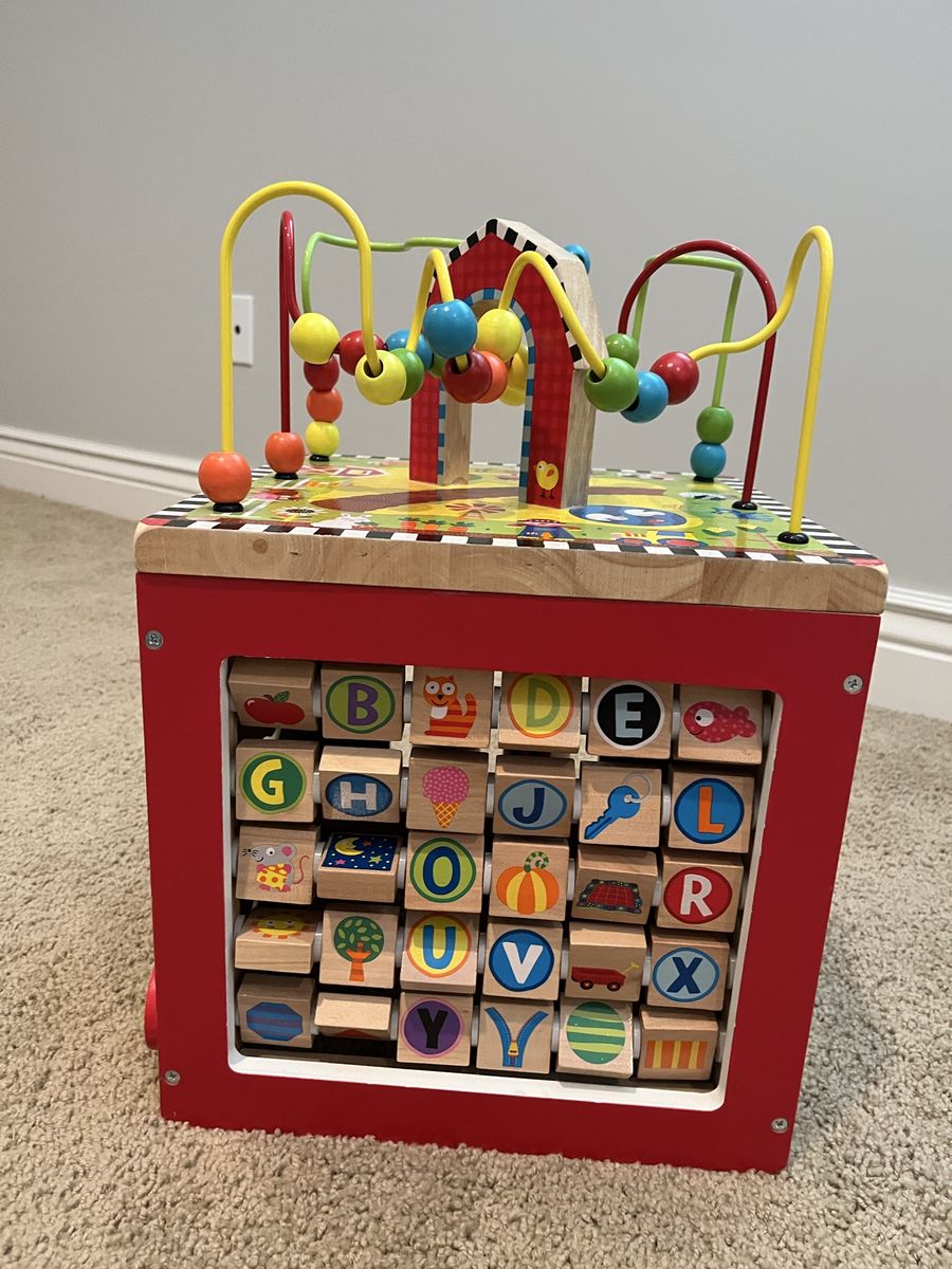 B. toys Wooden Activity Cube Wooden Bead Maze & Animal Farm Center