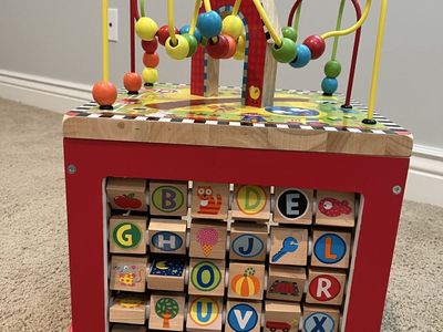 B. toys Wooden Activity Cube Wooden Bead Maze & Animal Farm Center