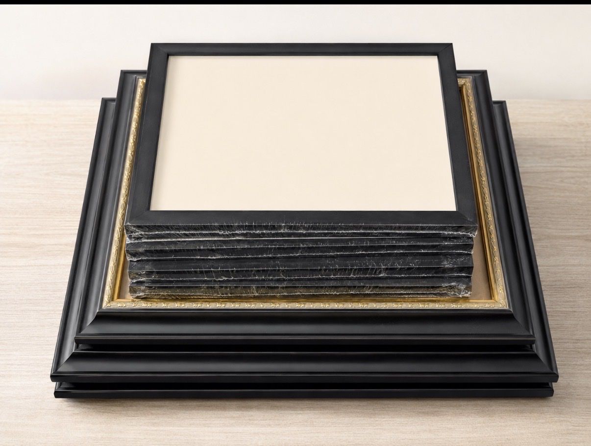 Set of 8 Black & Gold Decorative Square Picture Frames with Matting, Various Sizes