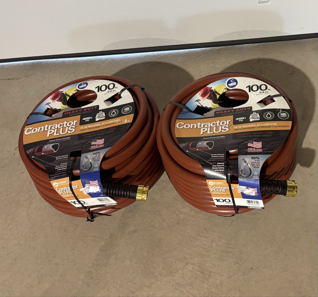 $40 LESS THAN HOME DEPOT! (SET OF 2) BRAND NEW IN PACKAGING Swan 100’ X 3/4” Heavy Duty Contractors Garden/Water Hoses