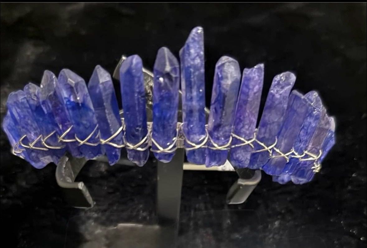 Handmade Blue Quartz Crystal Crown Tiara Headband - Unique Statement Piece