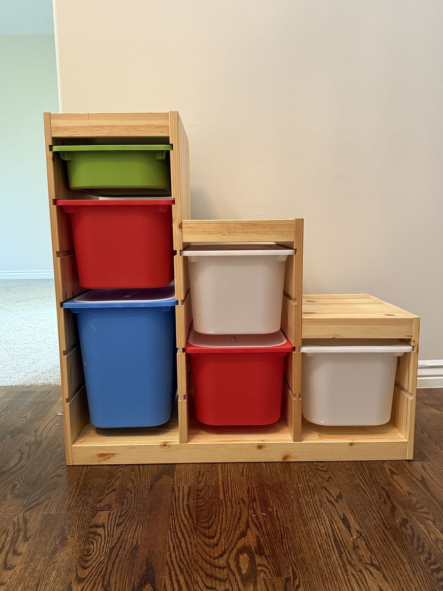 2 Ikea Trofast Wooden Pine Storage Shelves with 12 Bins and Lids