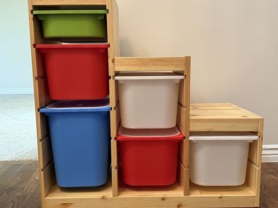 2 Ikea Trofast Wooden Pine Storage Shelves with 12 Bins and Lids