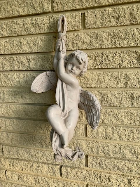 Vintage Cherub with Torch Wall Decor - Ivory Plaster/Chalkware Angel Cupid Sculpture