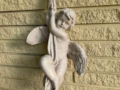 Vintage Cherub with Torch Wall Decor - Ivory Plaster/Chalkware Angel Cupid Sculpture