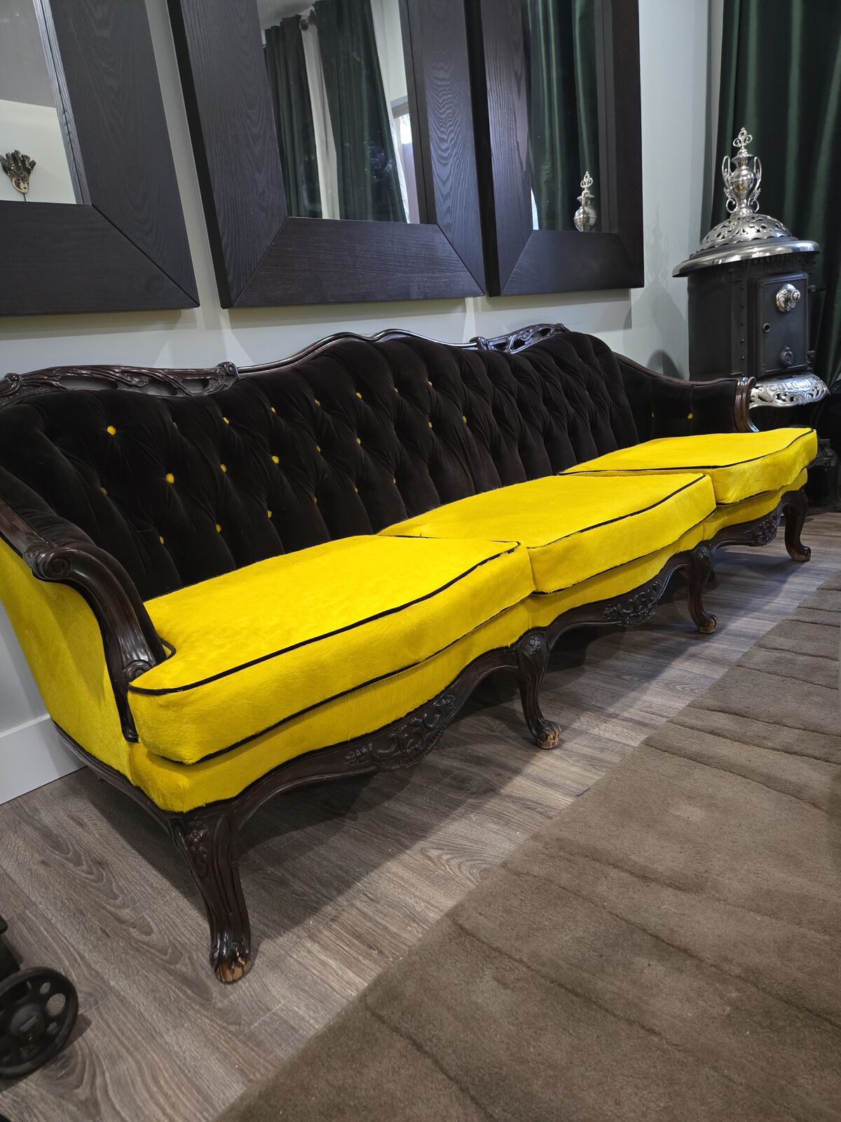 Vintage Carved Wood Tufted Sofa – Statement Piece – Custom Upholstery