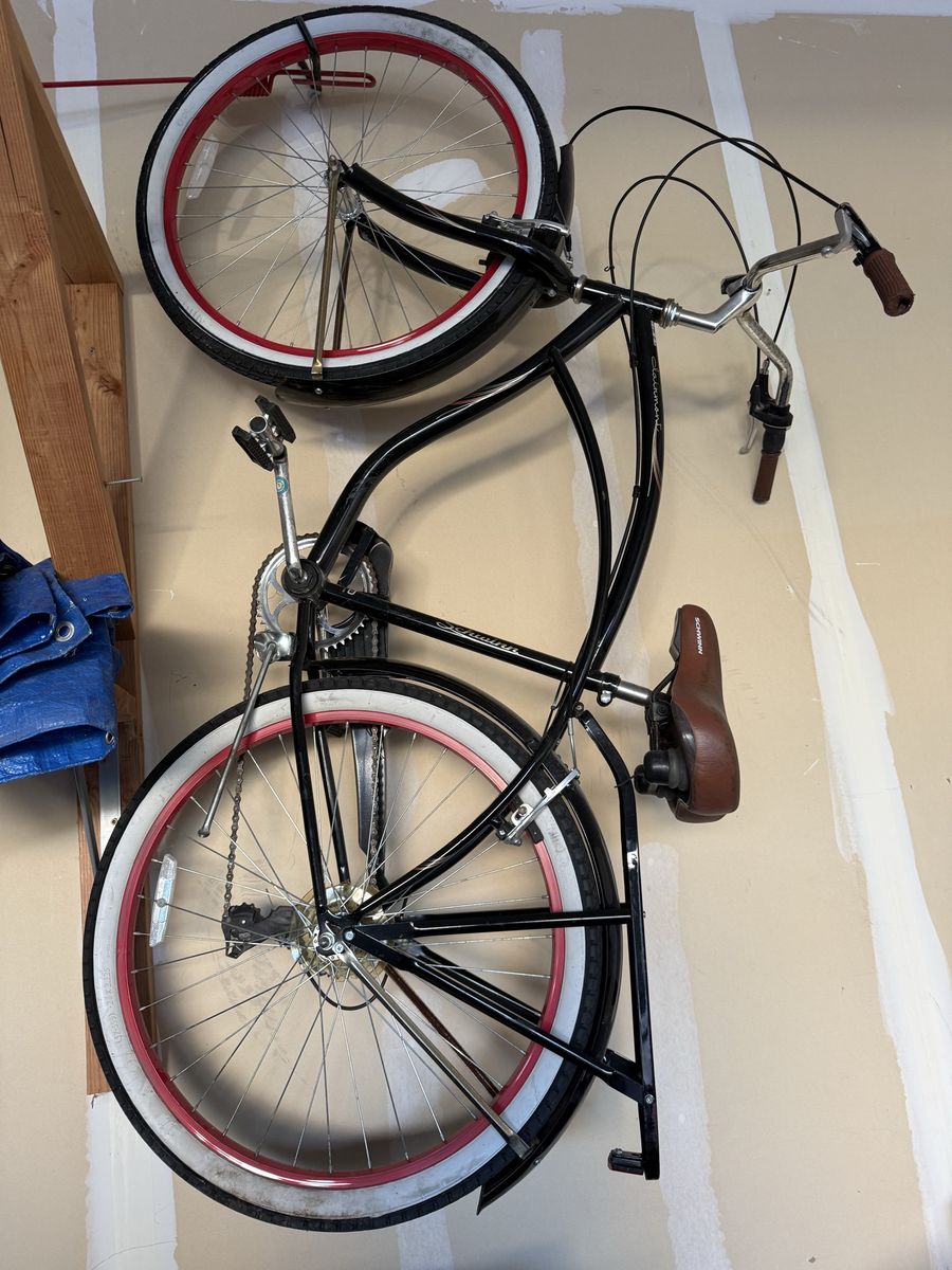 Schwinn Cruiser Bike Black with White Wall Tires and Red Rims
