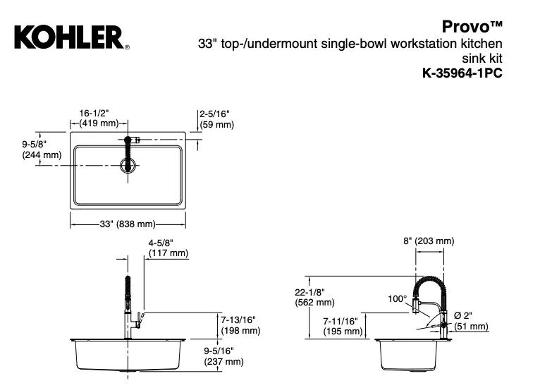 Kohler Provo 35963-1PC-NA 33" Dual Mount Single Bowl Kitchen Sink Kit 1806222 #102831