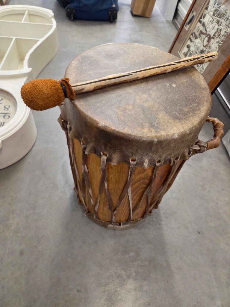 Handmade Wooden Drum with Hide Head and Mallet - Unique Folk Instrument