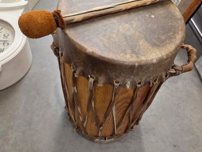 Handmade Wooden Drum with Hide Head and Mallet - Unique Folk Instrument