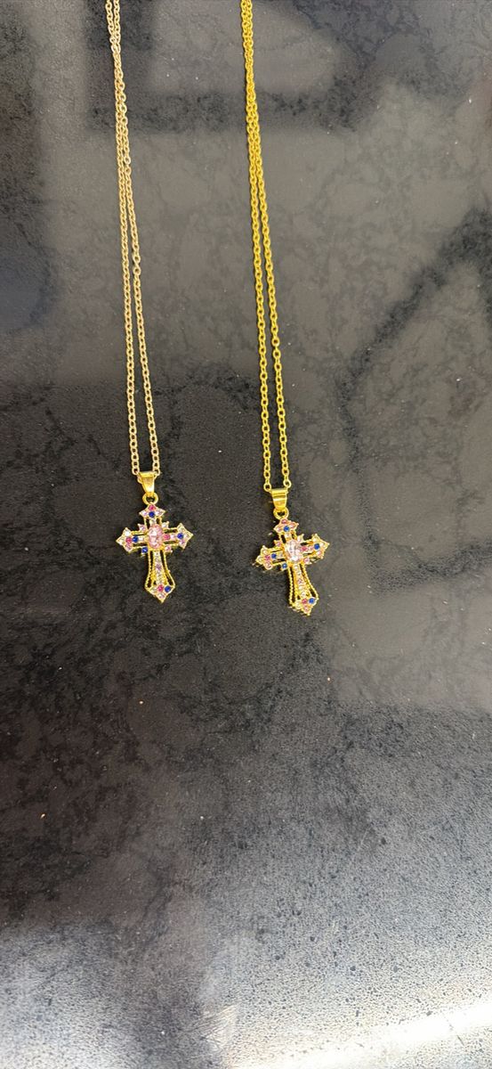 2x Gold-Tone Cross Necklaces with Colorful Gemstone Accents, Religious Jewelry Set
