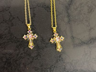 2x Gold-Tone Cross Necklaces with Colorful Gemstone Accents, Religious Jewelry Set