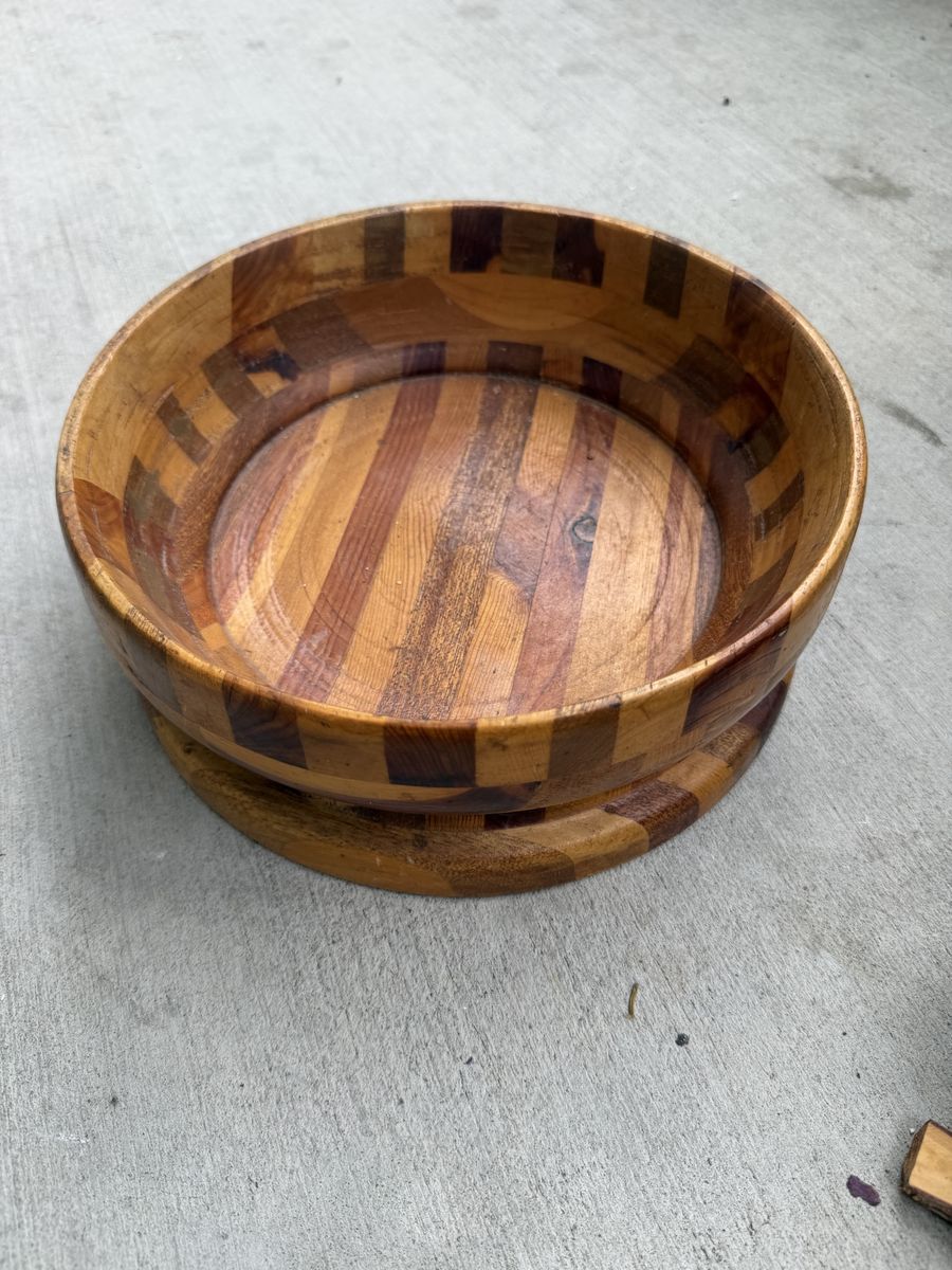 Vintage Mid-Century Modern Wood Salad Bowl - 13.5" Diameter, Patchwork Design