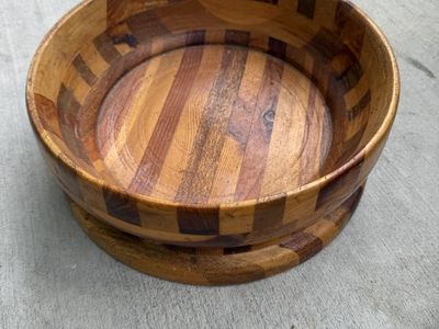 Vintage Mid-Century Modern Wood Salad Bowl - 13.5" Diameter, Patchwork Design