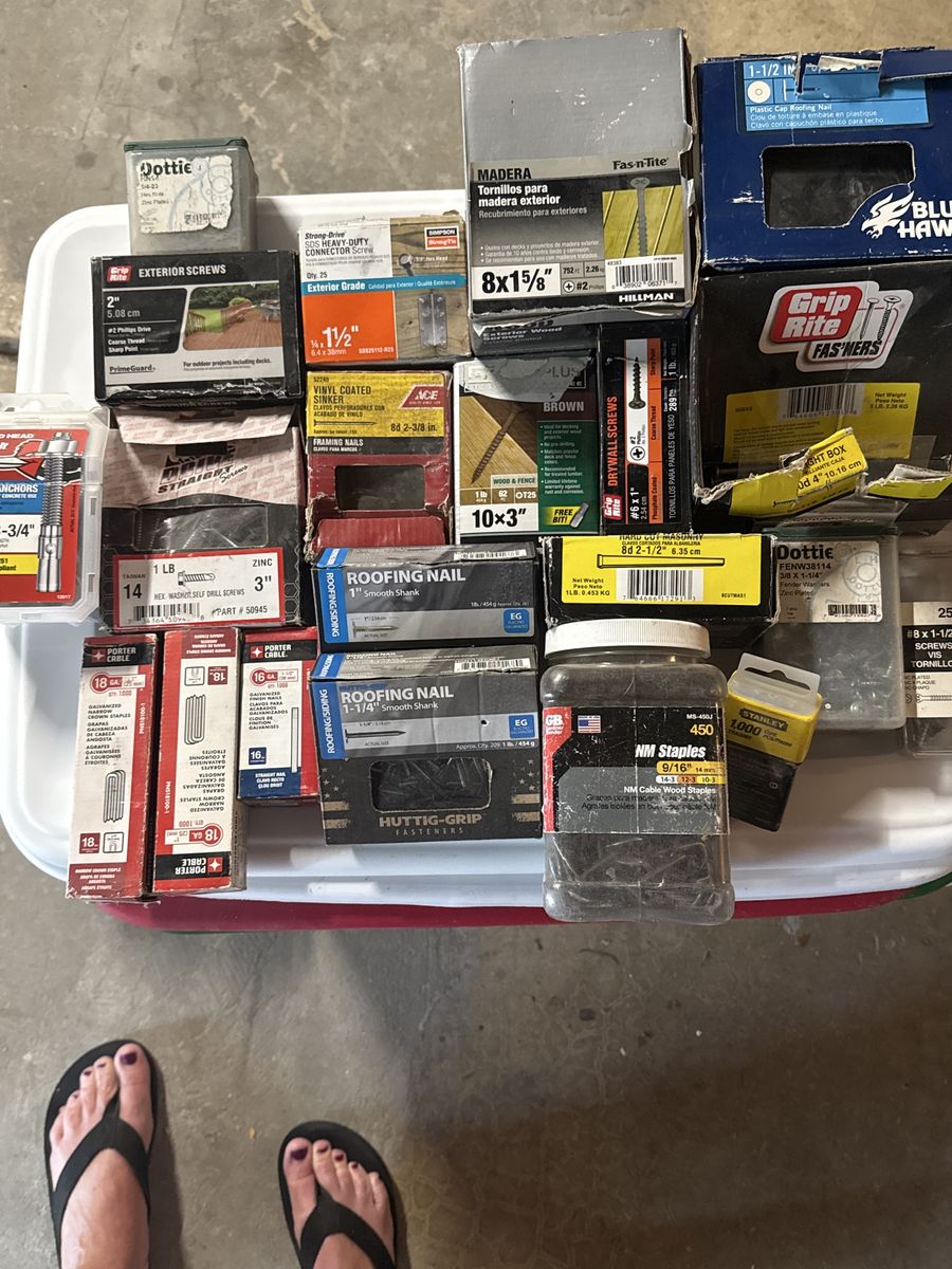 Assorted Hardware Fastener Lot - Screws, Nails, Anchors, Staples (Various Sizes)