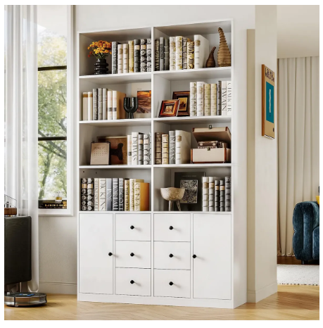 IRONCK 78.7-inch bookshelf with 6 drawers, large 6-tier bookshelf with 2 doors - WHITE