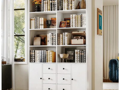 IRONCK 78.7-inch bookshelf with 6 drawers, large 6-tier bookshelf with 2 doors - WHITE