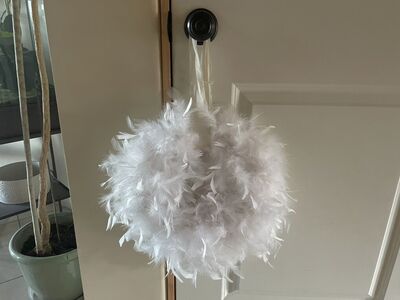 New White Feather Wreath W/ Ivory Ribbon Hanger