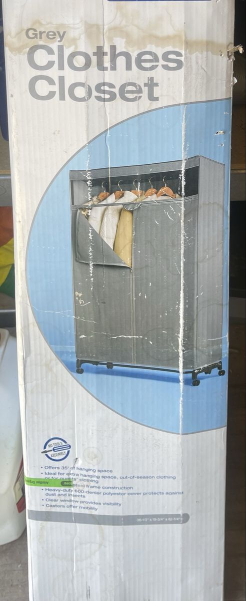 Grey Portable Clothes Closet - 35' Hanging Space, Steel Frame, 600-Denier Cover, Casters