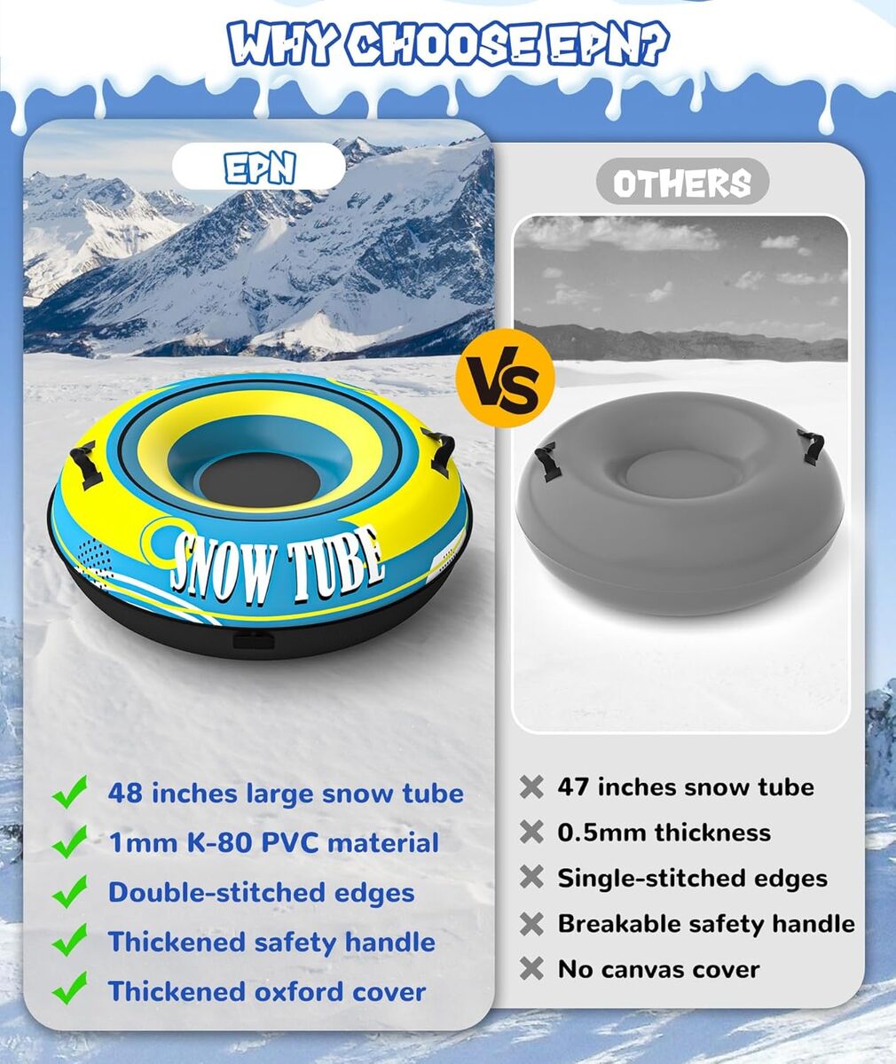 NEW Heavy Duty Snow Tube with Premium Oxford Covers and Handles for Adults, Thickened Bottom Inflatable Snow Sled Sledding