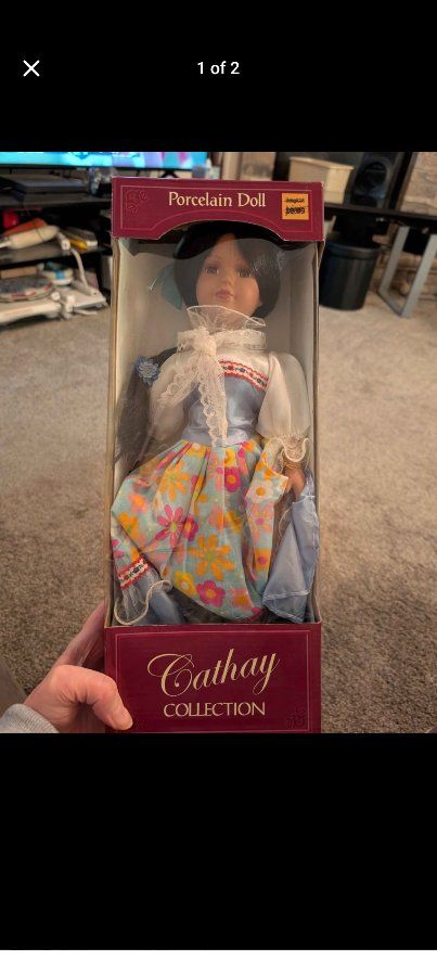 Cathay Collection Porcelain Doll, Floral Dress & Lace Trim, Collectible Display Doll Brand new