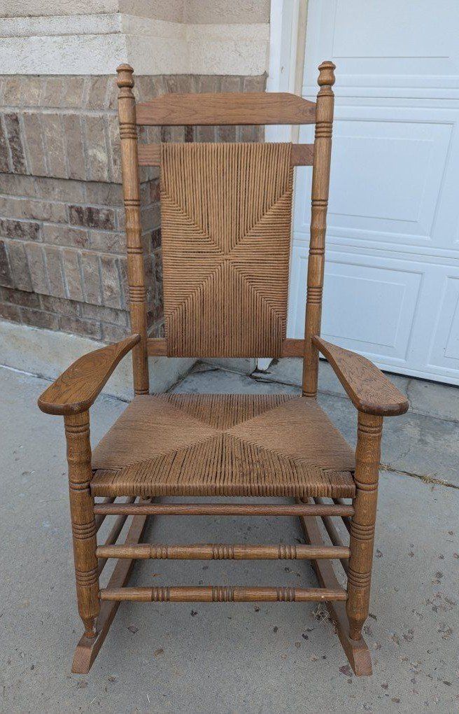 Vintage Wooden Rocking Chair with Woven Rush Seat and Back