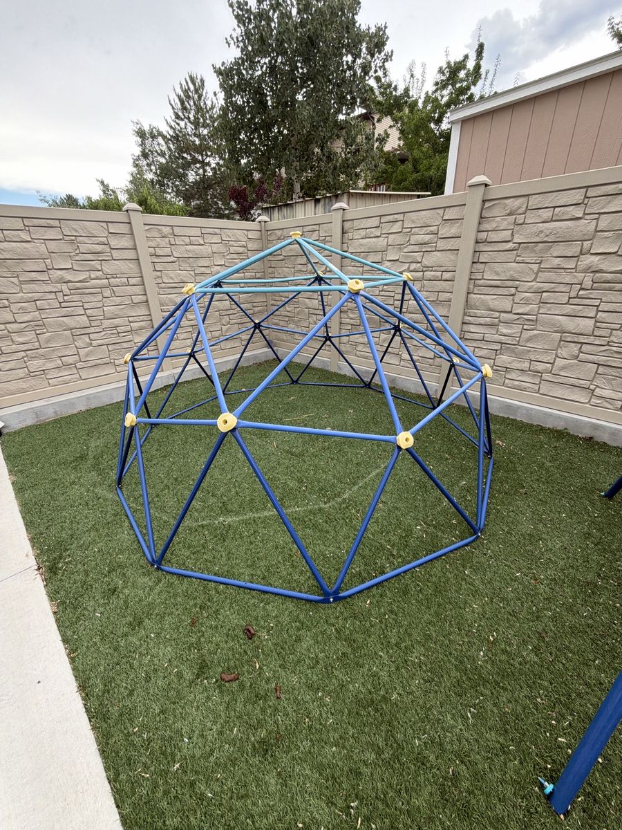 Kids Outdoor Geodesic Dome Climber & Saucer Swing Set Blue/Yellow Backyard Playset