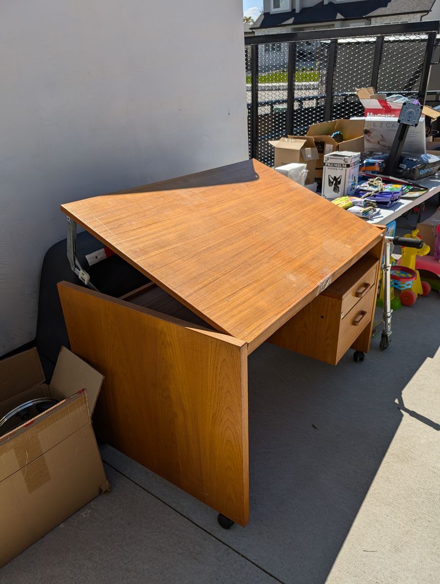 Vintage Wood Drafting Table Desk with Adjustable Top and Two Drawers on Wheels