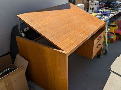 Vintage Wood Drafting Table Desk with Adjustable Top and Two Drawers on Wheels