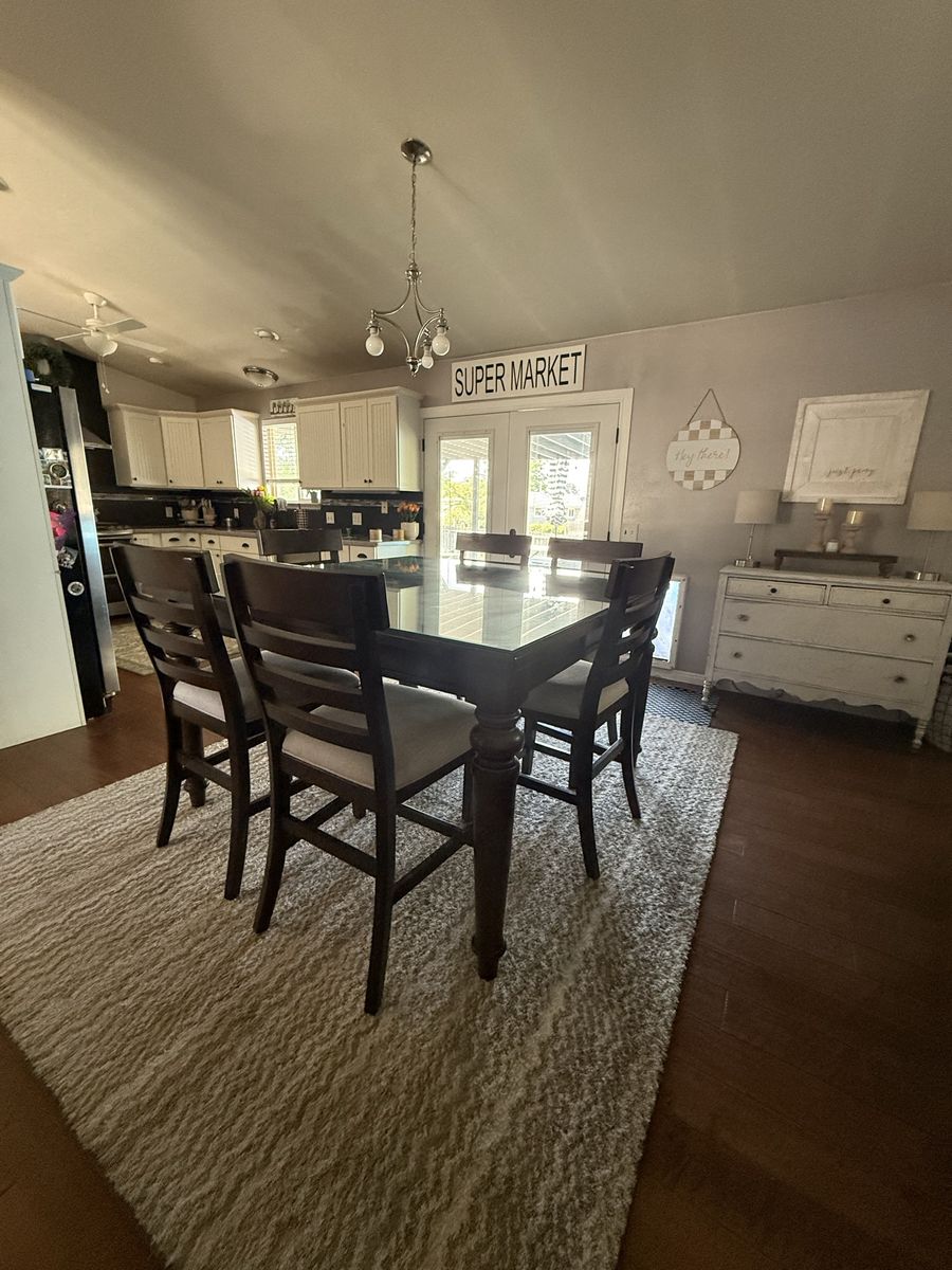 Dark Wood Dining Table Set with Glass Top and 6 Upholstered Chairs