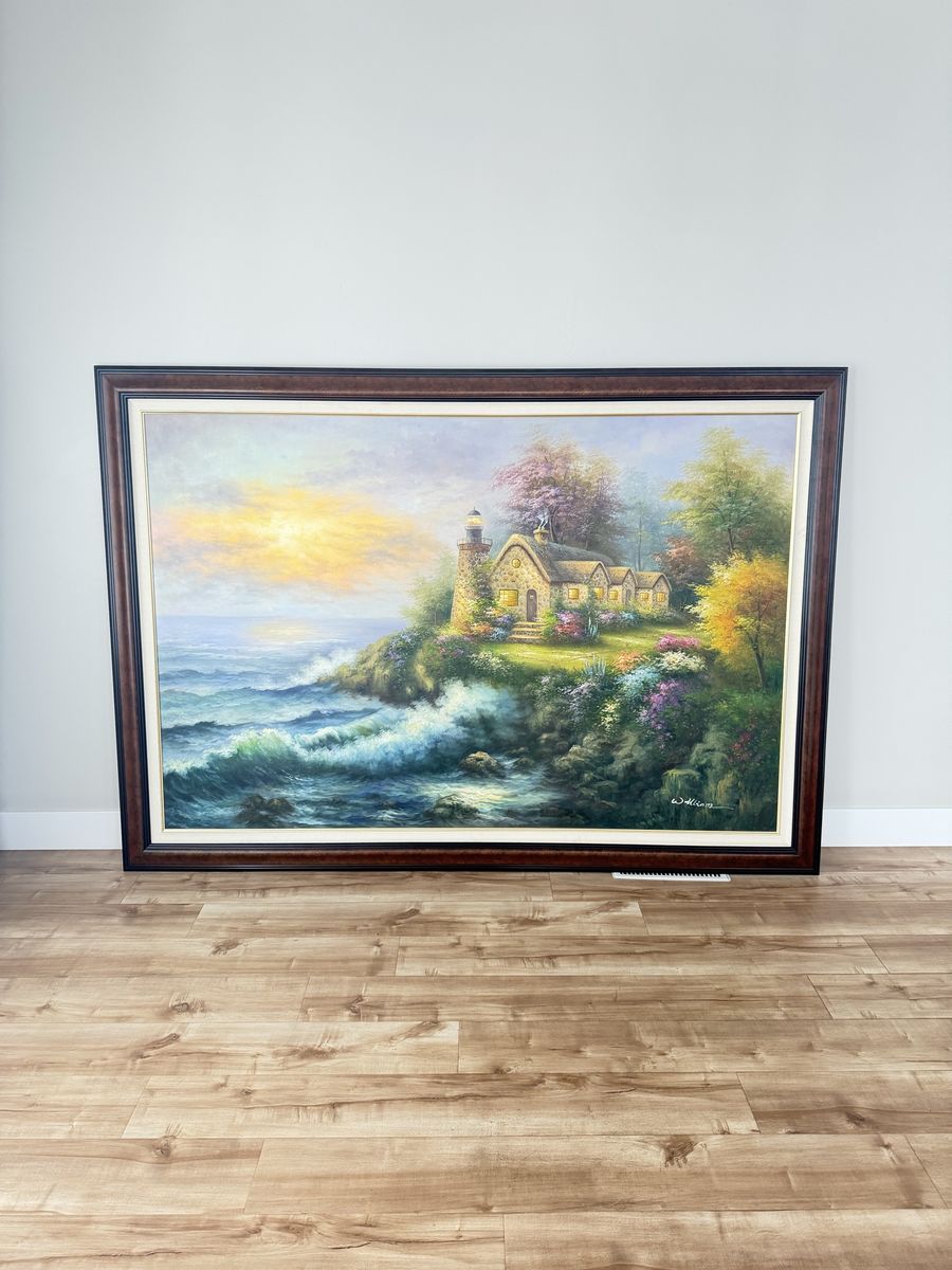 Large Framed Lighthouse Cottage Ocean Painting by William