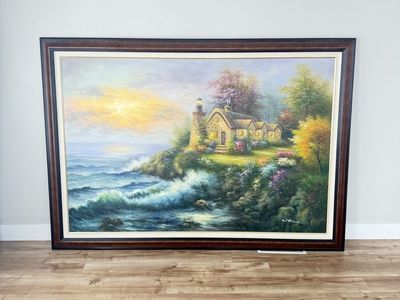 Large Framed Lighthouse Cottage Ocean Painting by William