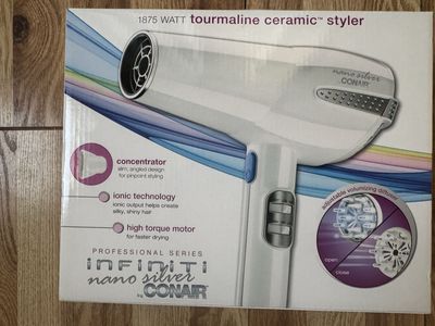 New Conair Infiniti Pro Nano Silver 1875W Tourmaline Ceramic Hair Dryer w/ Diffuser