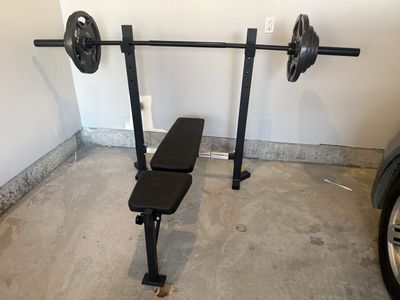 Fitness Gear Standard Weight Bench with Barbell and Weight Plates (45lbs, 25lbs, 10lbs, 5lbs)