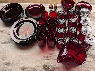 58 pieces Arcoroc France Ruby Red Dinnerware