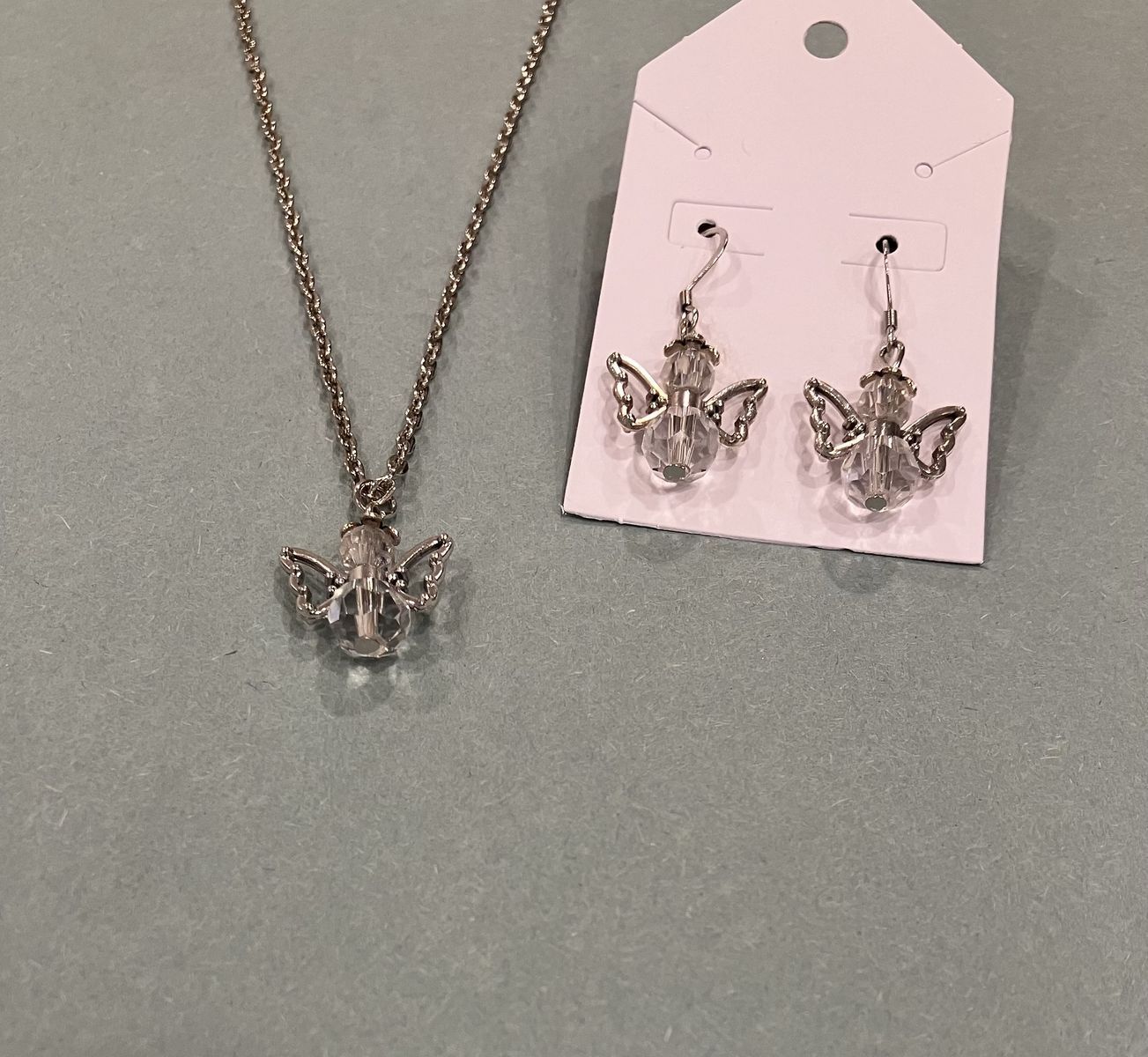 Stainless Steel Crystal Angel Pendant Necklace & Matching Earrings