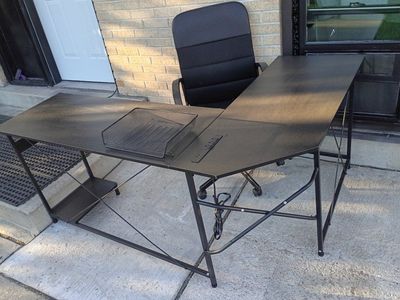 L-Shaped Desk with Built-in Outlets & USB Ports - Modern Black Wood Grain Office Furniture