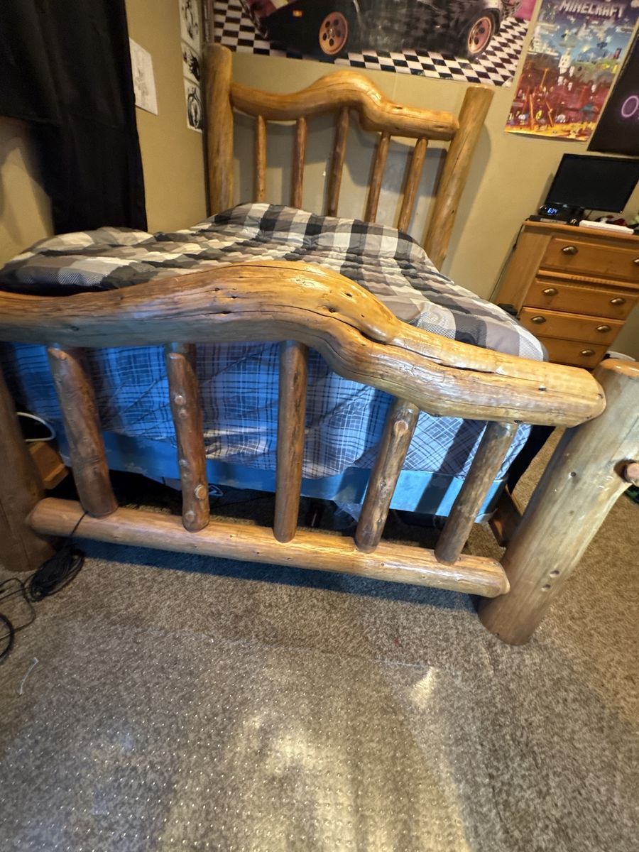 Asthetic vintage log bed frame.