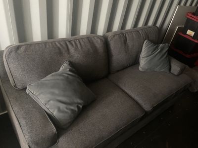 Gray Fabric Loveseat Sofa with Throw Pillows - Used