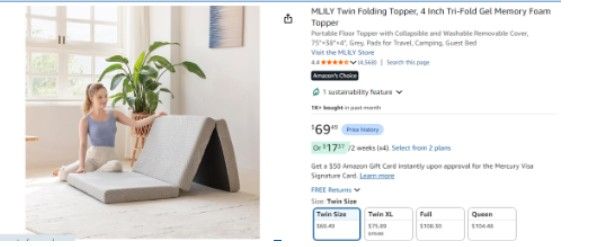 Folding memory foam mattress - Twin size, two types
