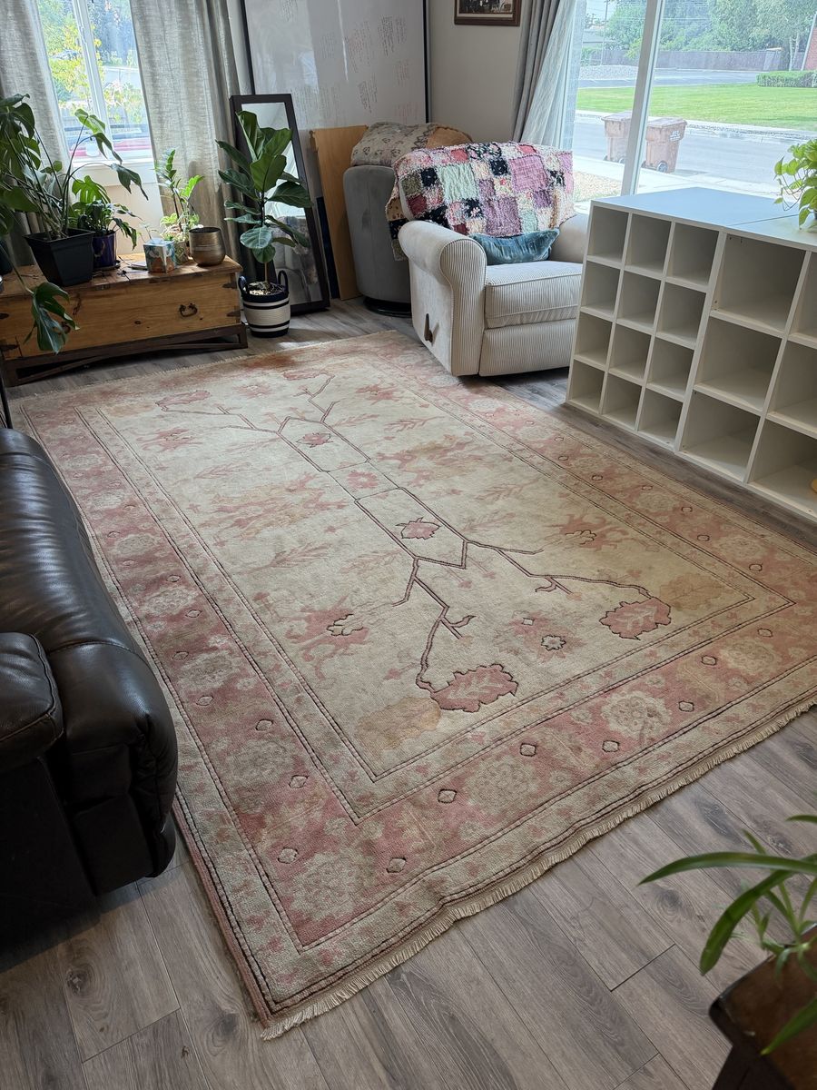 Turkish Vintage Hand Woven 100% Wool Area Rug with Pink and Neutral Floral Motif 7x10