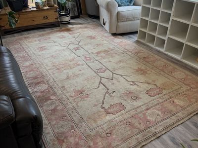 Turkish Vintage Hand Woven 100% Wool Area Rug with Pink and Neutral Floral Motif 7x10