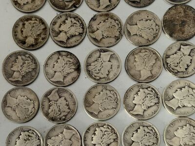 25 Silver Mercury Dimes 1918 To 1939
